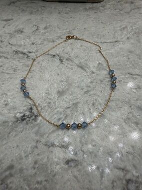 14KT Gold Chain Anklet with Light Blue Crystal Beads